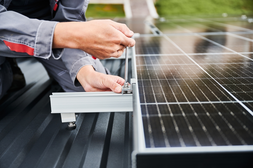 Close-up view of professional solar panel mounting hardware securely installed for long-term performance during solar installation in San Diego.